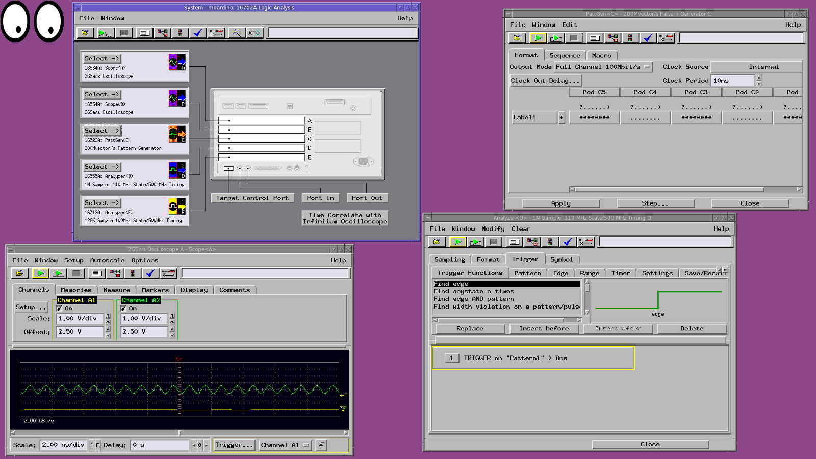 In foto lo screenshot di una sessione remota. Il display dell' HP16702A esportato sullo schermo di un portatile (Ubuntu).